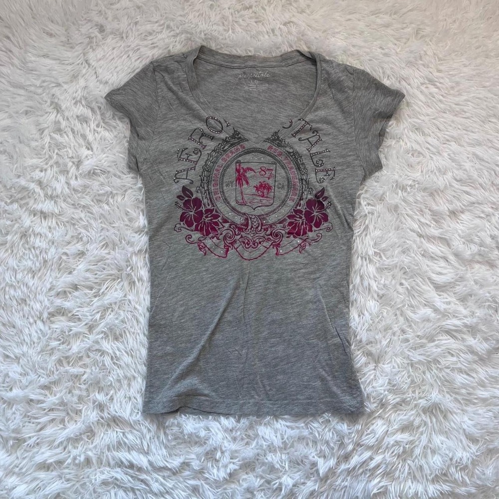 y2k aeropostale gray graphic rhinestone top large